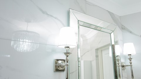 Modern house bathroom glamour design, mirror and marble wall, residential luxury style 4k bath