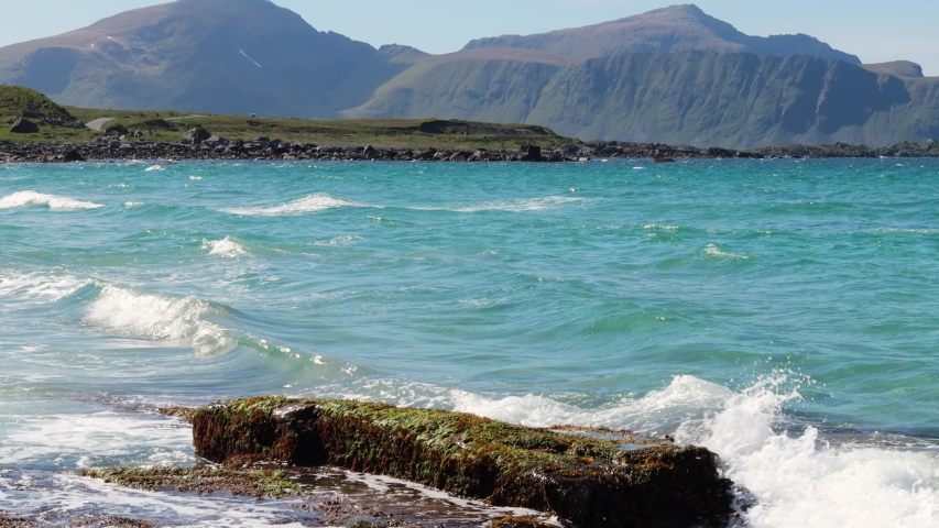 Beach Lofoten islands is an archipelago in the county of Nordland, Norway. Is known for a distinctive scenery with dramatic mountains and peaks, open sea and sheltered bays, beaches