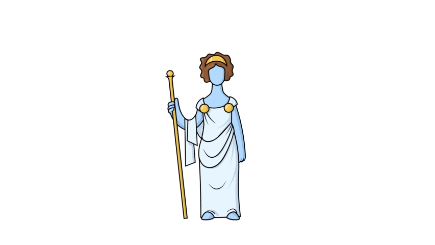 Looping animation of Greek goddess Hera on white background with alpha matte mask to edit transition. Ancient Greece mythology animated character.