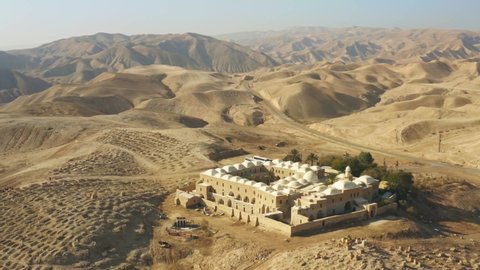 Nabi Musa (Prophet Moses) burial site in Judean desert, Israel, 4k aerial drone view