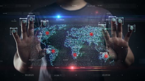 Man Scanning Ten Fingers to Digital Screen Revealing World Map Data. HUD Hologram 