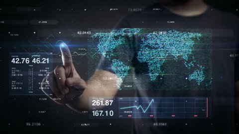 Man Touch Digital Screen Revealing World Map Data. HUD Hologram 