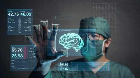 Surgeon Accessing Brain Patient Data by Finger Print. Future Medical Concept. 