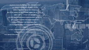 Animation of data processing and scanning with world map and cityscape on blue background with world map on blue background - Powered by Shutterstock - Get 15% off with code: PIKWIZARD15