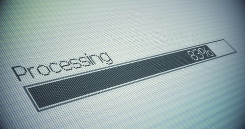 Processing bar with progress indicator expressed in percentage on retro pixelated computer screen background. Close up view. Data transfer display concept. Pixel art. 4k creative animation