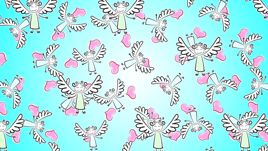 High quality abstract animated video with painted angels with wings moving horizontally on an azure light gradient background with hearts. St. Valentine