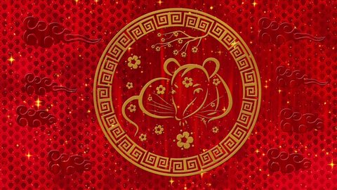 Lunar New Year, Spring Festival red background with rat, fireworks, glittering stars and sakura flowers. Chinese new year animation for wealth, happiness, luck. 3D rendering seamless loop 4k video.