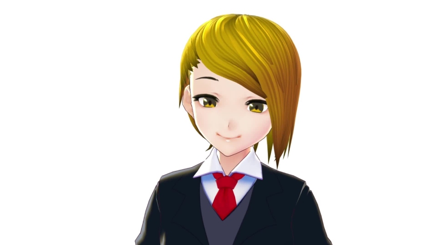 Anime Girl Blonde Hair Cartoon Character in Business Suit or Japanese School Uniform standing in front of a white background with a confident smile it