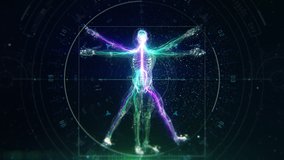 3D Futuristic Animation of Leonardo Da Vinci Vitruvian Man. Anatomy of a Perfect Human Male Body Showing Skeleton, Brain and Energy Flow with Data and Infographics. - Powered by Shutterstock - Get 15% off with code: PIKWIZARD15