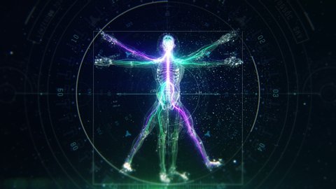 3D Futuristic Animation of Leonardo Da Vinci Vitruvian Man. Anatomy of a Perfect Human Male Body Showing Skeleton, Brain and Energy Flow with Data and Infographics.