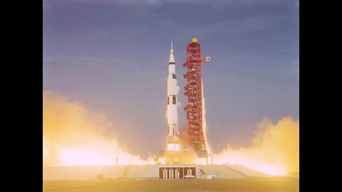 CIRCA 1969 - Slow motion of Apollo 11 and the Saturn V rocket being launched at the Kennedy Space Centre on July 16th.