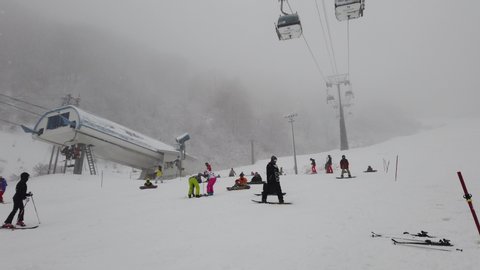 Hakuba, Japan - Dec 30,2019 : Many unidentified people enjoy skiing at Hakuba Goryu Snow Resort in Hakuba, Japan on Dec 30,2019.