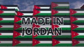 Containers with MADE IN JORDAN text and national flags. Jordanian import or export related 3D animation - Powered by Shutterstock - Get 15% off with code: PIKWIZARD15