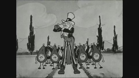 CIRCA 1917 - In this animated film, Uncle Sam functions as a Pied Piper assembling an army of food.
