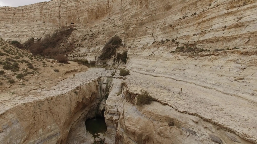 Aerial of waterfall at Ein Avdat Nature Reserve. Negev. Israel.