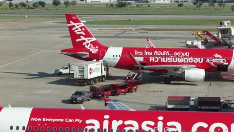 BANGKOK THAILAND - MAR 2019 : Don-Mueang Airport view, Working of Ground Handling services, Pre-flight service and catering operate at Don-Mueang International Airport