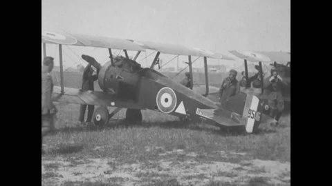 CIRCA 1910s - American pilots of the 148th Aero Squadron take off, World War I, 1918