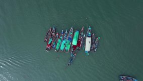 Aerial view of a group of fishing boats in the sea