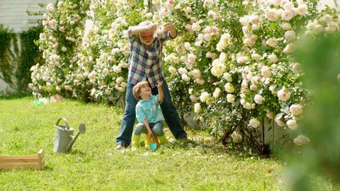 Grandfather and grandchild. Dad teaching little son care plants. Senior gardener. Gardening with a kids. Old and Young. Spring and hobbies. Gardener gardening. Working in garden
