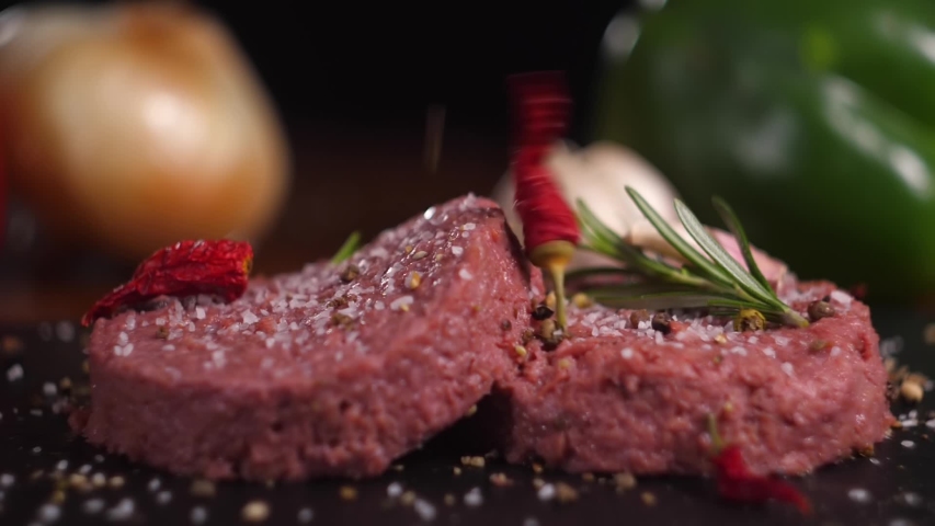 Plant based vegan burger meat, fake vegeterian beef meat close up, fresh impossible veggie food, beyond meat