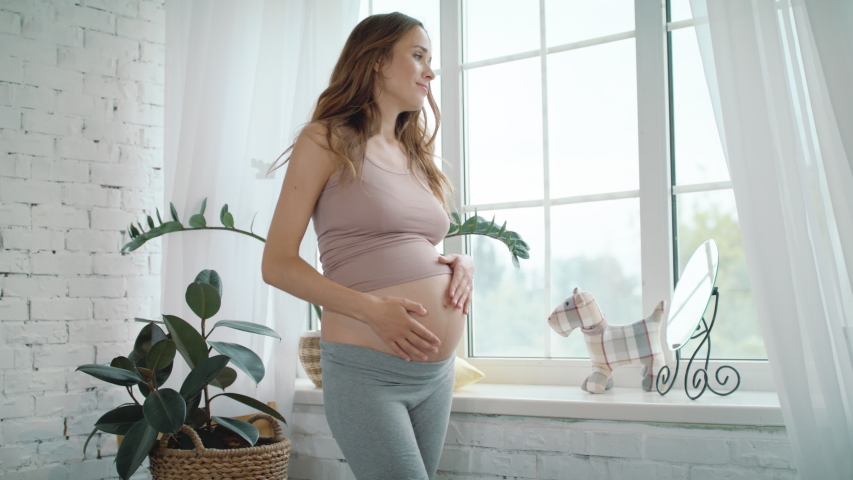 Happy pregnant woman stroking belly near window indoors. Pretty expectant mother standing in light room. Future mom looking on window in slow motion. Pregnant woman smiling to unborn baby Royalty-Free Stock Footage #1045587553
