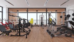 Camera flys in gym - 3d animation