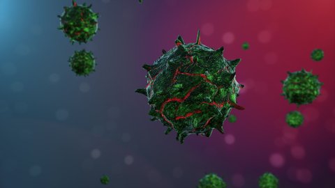 A 3D model of a virus molecule close up. Human immune system virus moving across screen. Bacteria virus or germs microorganism cells under microscope. 3d render microbe.