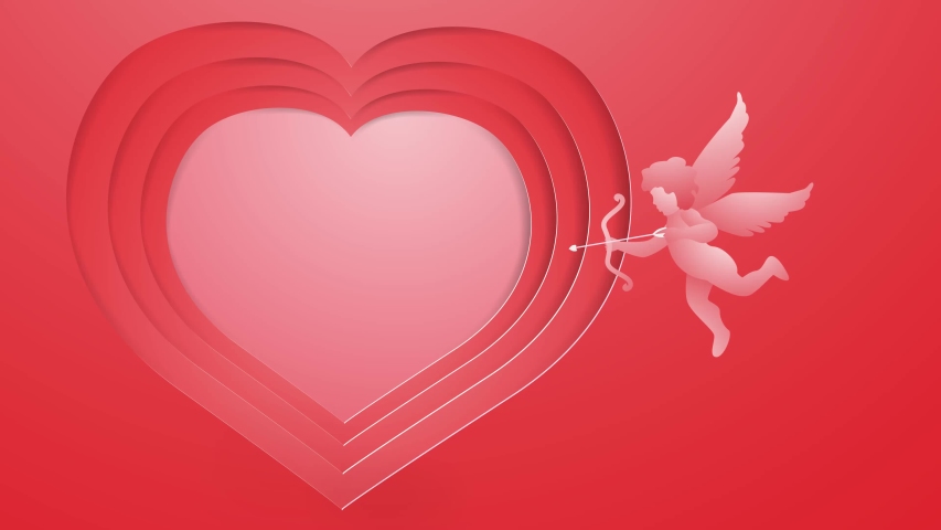 Animation of love with Cupid flies and shoot arrows on the word love you in  is heart shaped in the red background, Valentine Day concept. Paper art and Illustration 