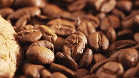 Coffee beans falling from above, slow mo video, close-up macro
