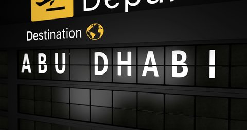 3D generated animation, analog flight information display board with the arrival city of Abu Dhabi, 4 different animations