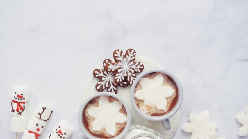 Flat lay. American hot chocolate with marshmallow toppings.