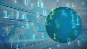 Global Business Technology Finance Concept Animation of data processing, world map and glowing binary coding with globe spinning on blue background - Powered by Shutterstock - Get 15% off with code: PIKWIZARD15