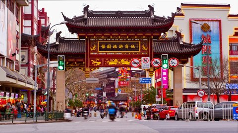 Shanghai, China - February 14, 2018: The famous Yu Garden in Shanghai, China, a traditional shopping area with historic building.	Chinese New year celebration