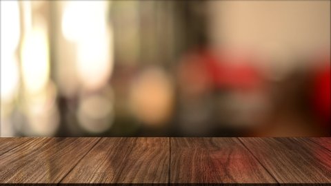 4K 3D Rendering, Wooden top table with bokeh light effect and blur restaurant on background, blur background
