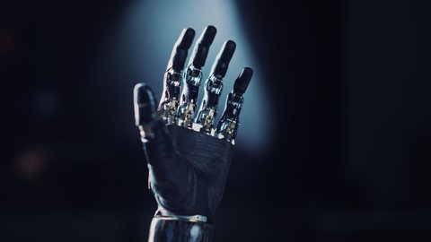 Modern Humanoid Robot Arm Working, Hand Opening Palm. Delicate Mechanistic wonder, High-Tech Prosthesis to Help People with Disability who Lost their Hand in an Accident