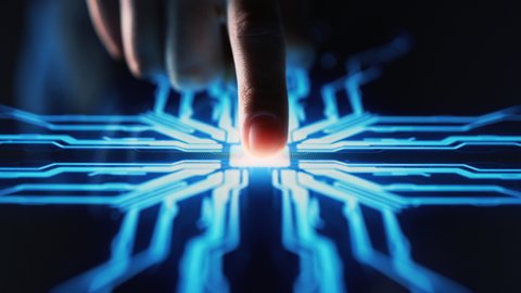 Digitalization Concept: Human Finger Turns on Touch Screen Button and Activates Futuristic Artificial Intelligence. Visualization of Machine Learning, AI, Computer Technology Merge with Humanity
