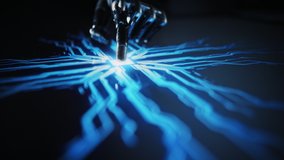 Digitalization Concept: Futuristic Robot Arm Interacting with Screen, Finger Touches Display and Activates Artificial Intelligence. Visualization of in Machine Learning, Computer Technology, Science - Powered by Shutterstock - Get 15% off with code: PIKWIZARD15