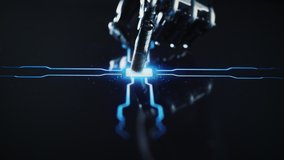 Digitalization Concept: Futuristic Robot Arms, Finger Touches Screen Button and Activates Artificial Intelligence System. Visualization of Machine Learning, Computer Technology, Healthcare and Science - Powered by Shutterstock - Get 15% off with code: PIKWIZARD15