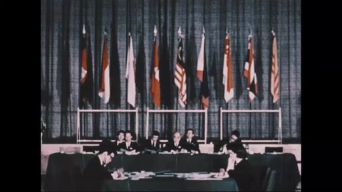 CIRCA 1971 - Japan's Prime Minister Sato presides over an international conference hosted in his country.