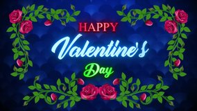 Happy Valentines Day Neon Glowing Light flickering With Growing Rose Vine Flourish And Blue Artistic Flower Blooming Texture Lines Pattern Animation, Last 10 Seconds Seamless Loop - Powered by Shutterstock - Get 15% off with code: PIKWIZARD15