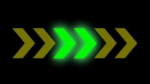 The animated video of the lit arrow turns right in green with a glowing effect. The traffic sign of the arrow lights up in green with a glowing effect.