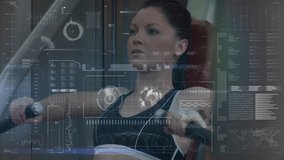 Animation of data processing, charts and analytics with a Caucasian woman working out at a gym on a weight training machine in the background - Powered by Shutterstock - Get 15% off with code: PIKWIZARD15