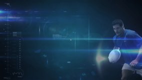 Animation of a network of connections, data and analytics with a rugby player holding a rugby ball and diving for a try on a black background - Powered by Shutterstock - Get 15% off with code: PIKWIZARD15