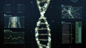 Rotating digital DNA strand on futuristic display with infographics, charts and graphs. Analysis of DNA amino acids, molecules, neuronal activity and genes for medical research and science. - Powered by Shutterstock - Get 15% off with code: PIKWIZARD15