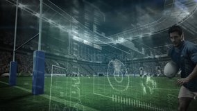 Animation of data processing, scope scanning and analytics with a Caucasian male rugby player running with teh ball and scoring a try during a match at a stadium in the background - Powered by Shutterstock - Get 15% off with code: PIKWIZARD15