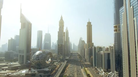DUBAI, UNITED ARAB EMIRATES - DECEMBER 30, 2019. Aerial shot of the Trade Centre, a business district of Dubai