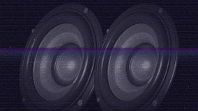Animation of a screen with bands of interference, showing two vibrating bass speaker cones on a black background