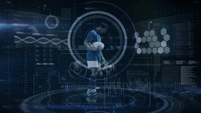 Animation of data processing, scope scanning and analytics with a male rugby player running holding a rugby ball in the background - Powered by Shutterstock - Get 15% off with code: PIKWIZARD15
