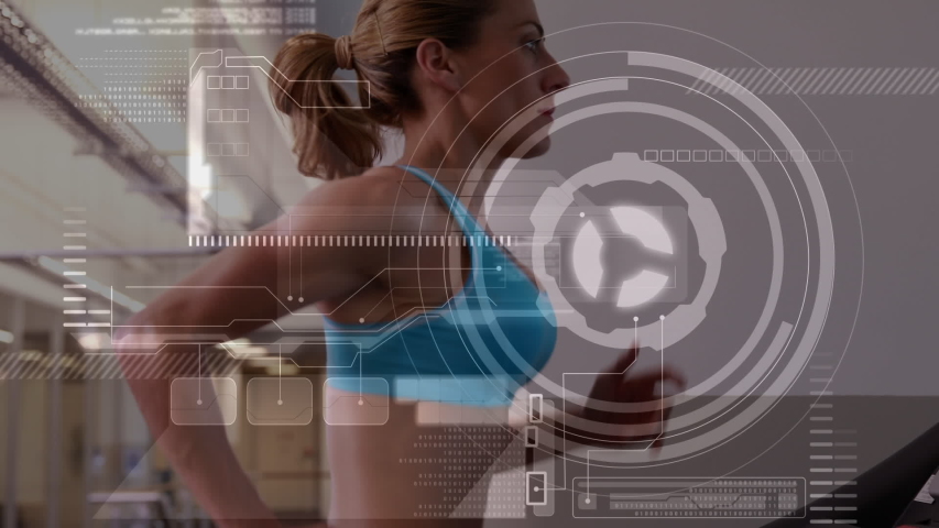 Animation of a turning scope scanning and analytics with a blonde Caucasian woman running on a treadmill at a gym in the background - Powered by Shutterstock - Get 15% off with code: PIKWIZARD15