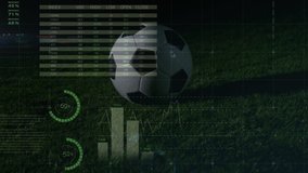 Animation of data processing, scope scanning, charts and analytics, with the foot of a football player kicking the ball on a football pitch in the background - Powered by Shutterstock - Get 15% off with code: PIKWIZARD15